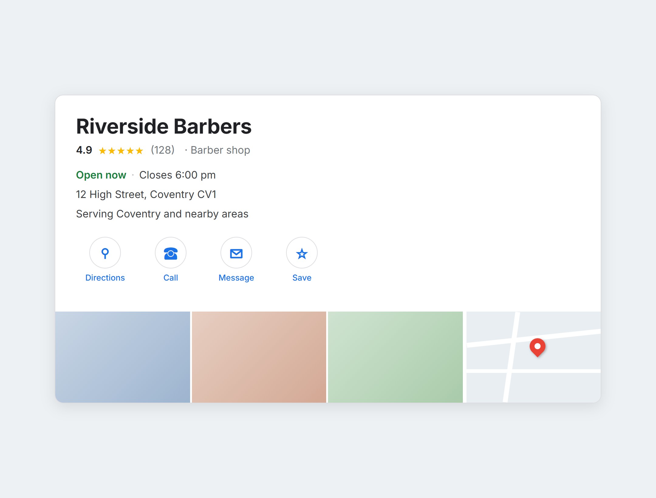 Illustration of a Google Business Profile for an example barber shop, showing the rating, opening hours, address, action buttons and photos